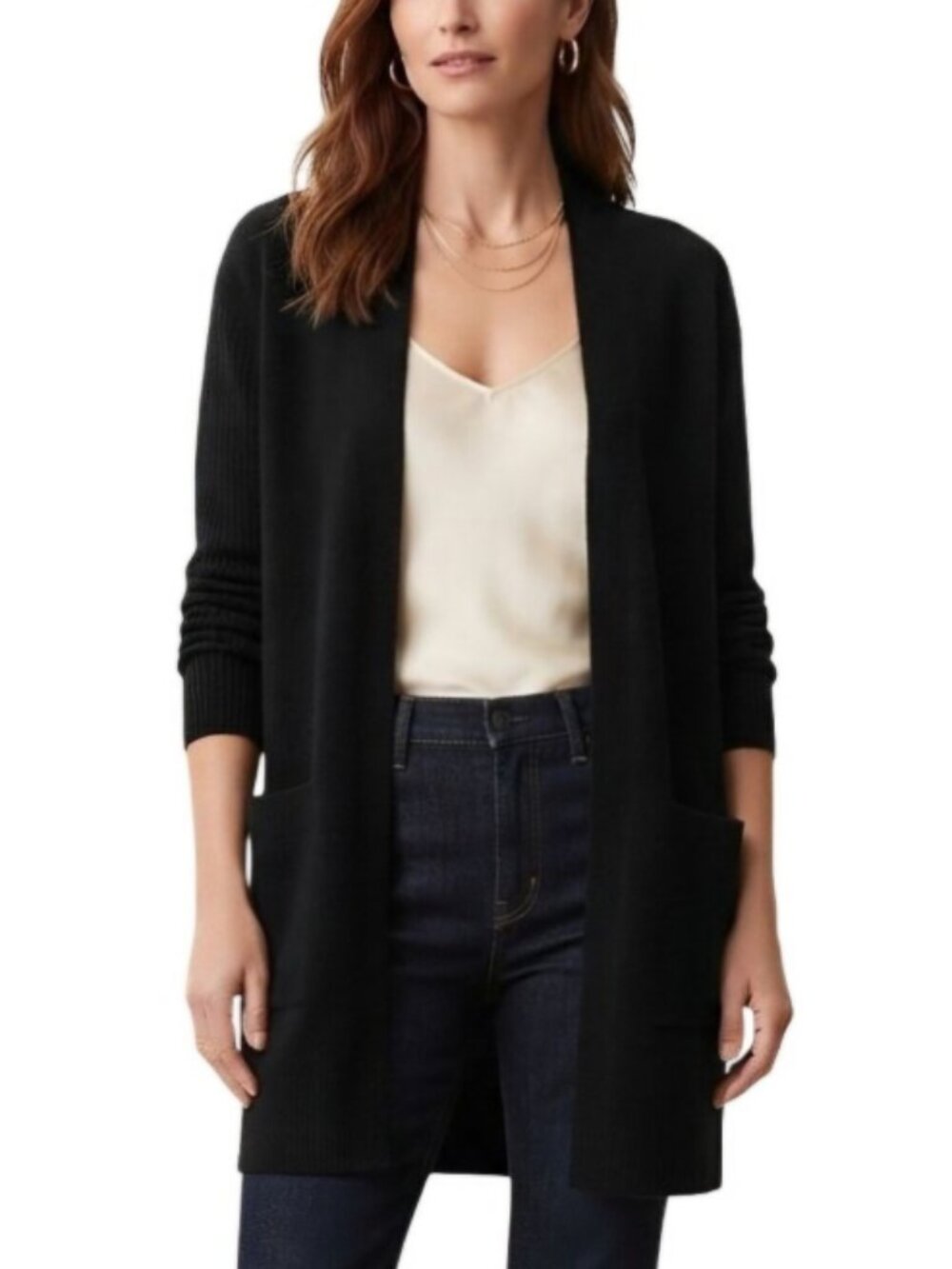 Theory Black 100% Soft Cashmere Rib Sleeve Long Open Front Cardigan Small S